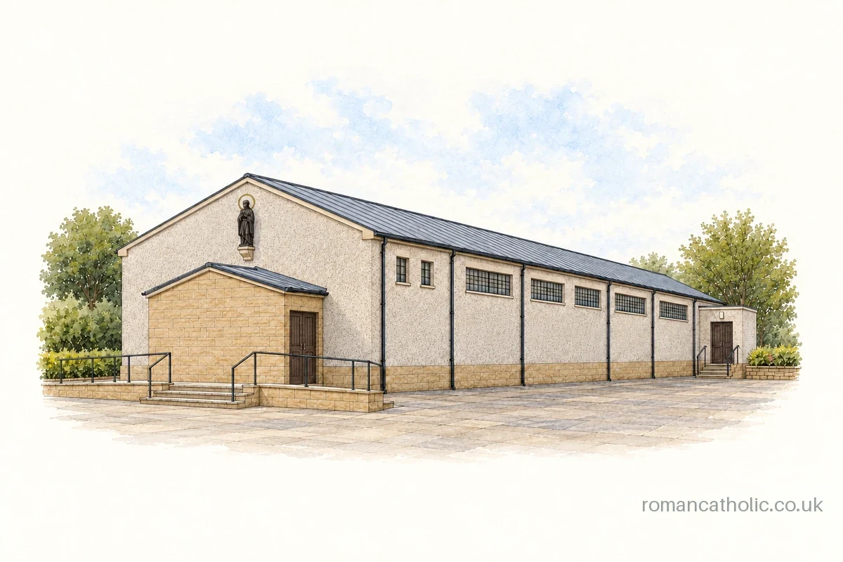 Illustration of St Bartholomew in Coatbridge, with a low gabled roof and saint statue above its entrance porch.