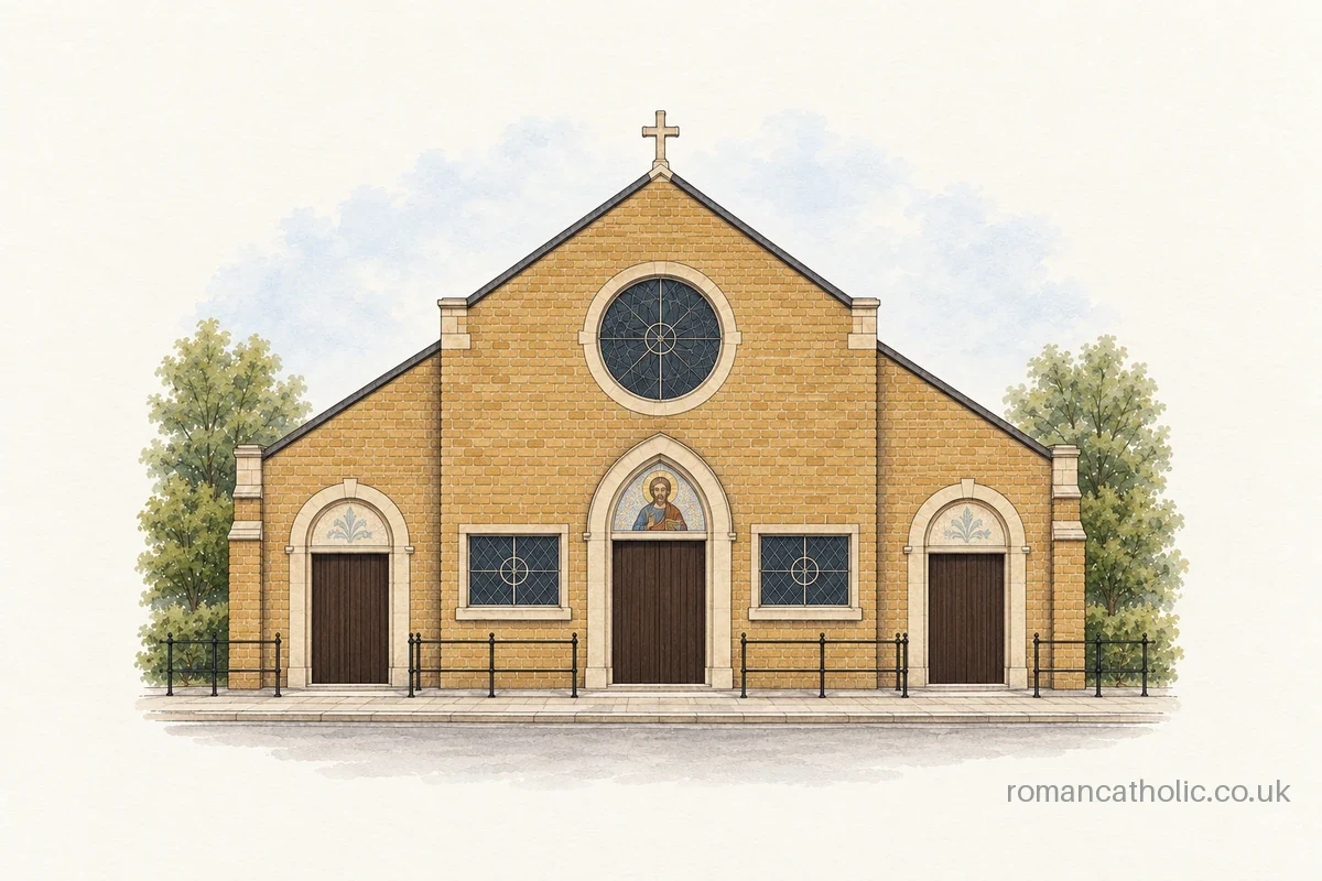 Illustration of St Bartholomew, Norbury, with a circular window and three mosaic-topped entrances.