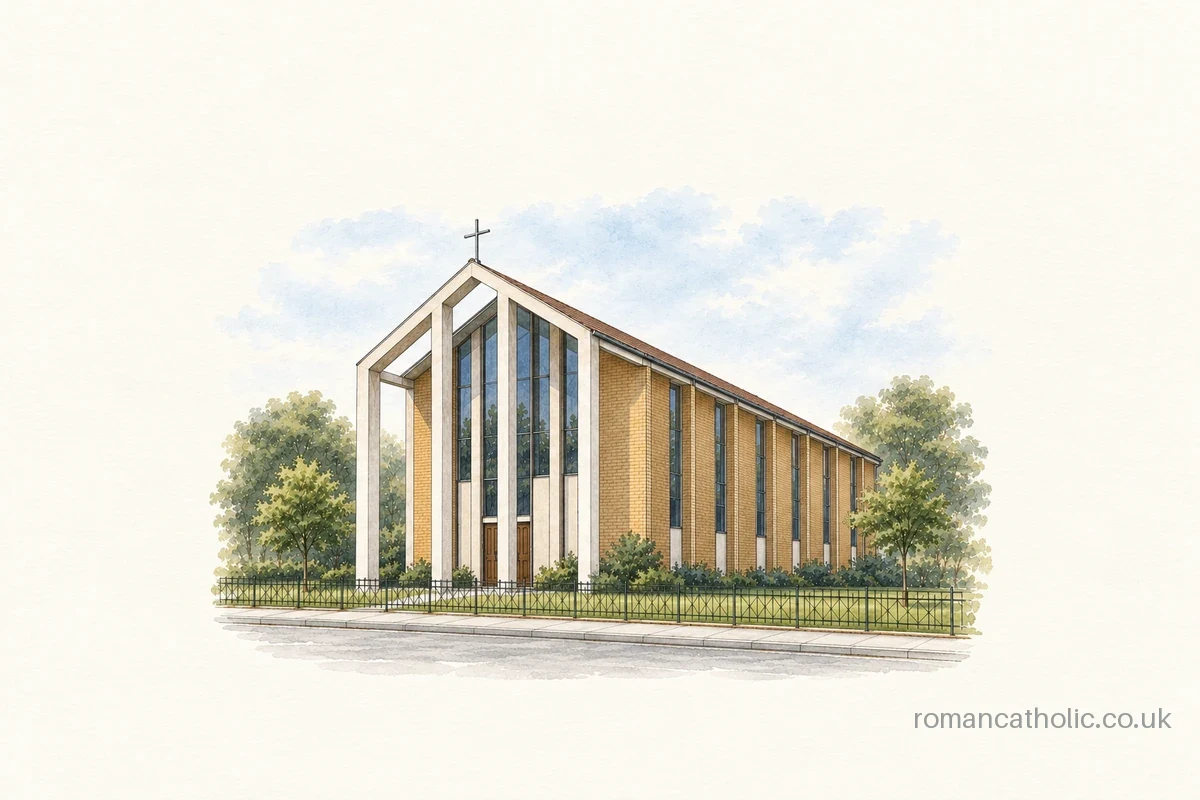 Illustration of St Bede, Washington, with a tall open concrete gabled entrance frame.