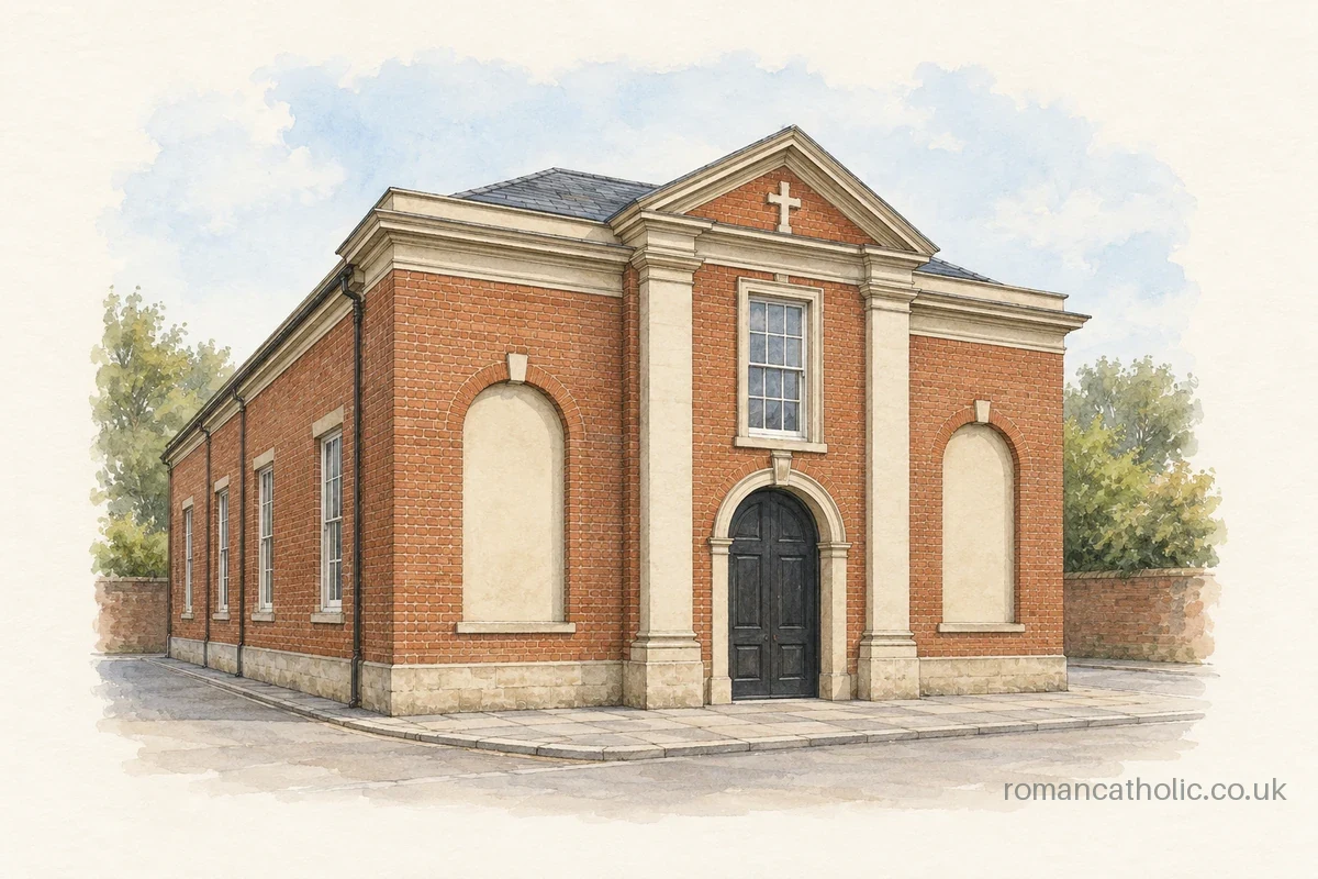 Watercolour and ink illustration of St Bede in Newport Pagnell, with a classical brick frontage, central pediment and arched entrance.