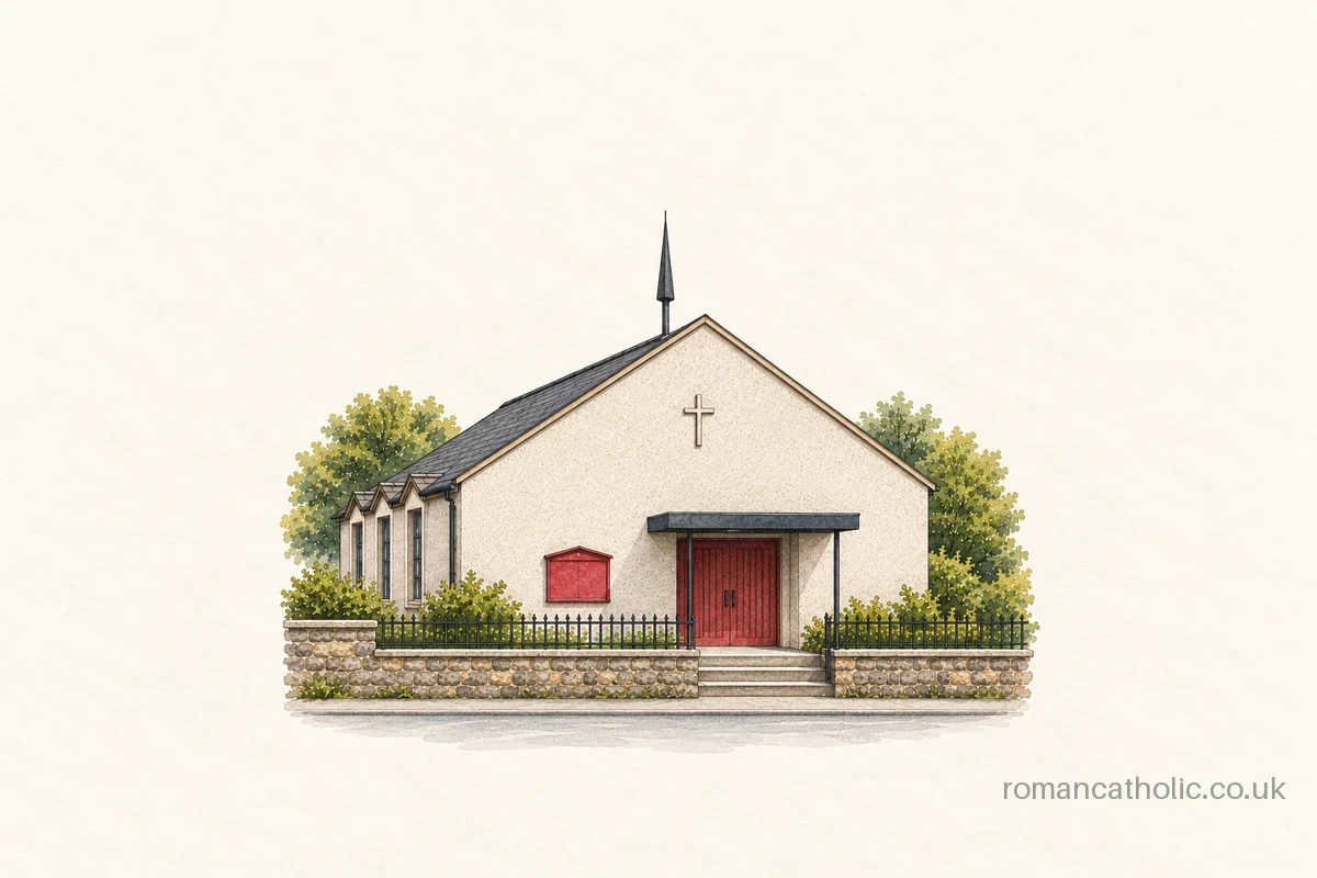 Illustration of St Bede, Newcastle, with a pale gable and slender roof fleche.