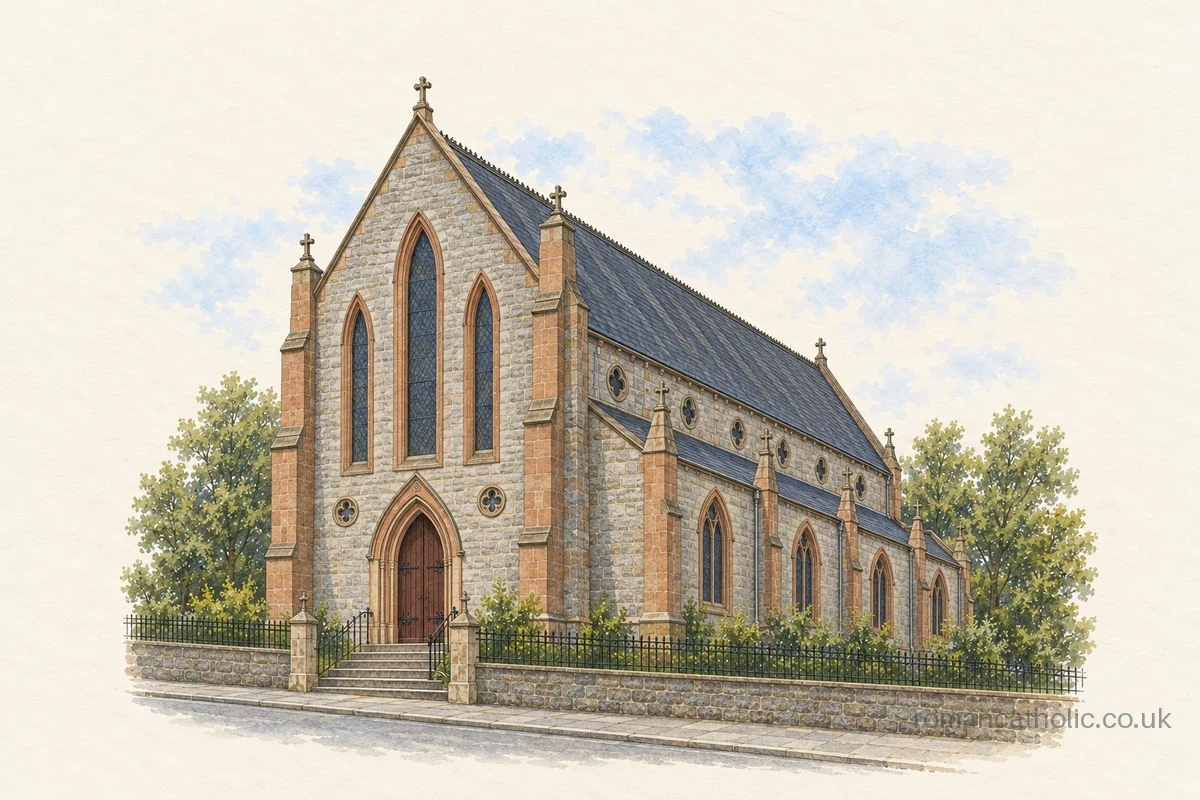 Illustration of St Begh, Whitehaven, with a steep slate roof and red-trimmed Gothic windows.