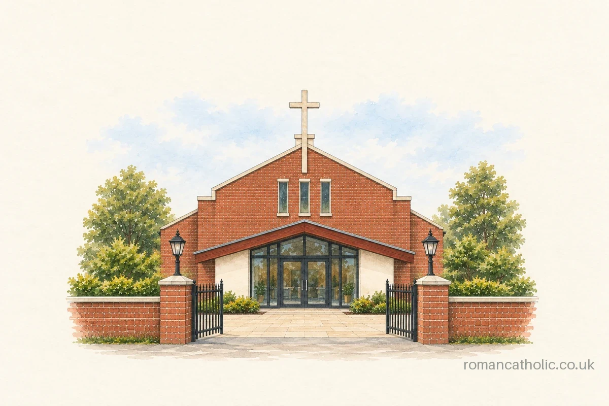 Red brick church with a large pale cross above a low glazed entrance porch.