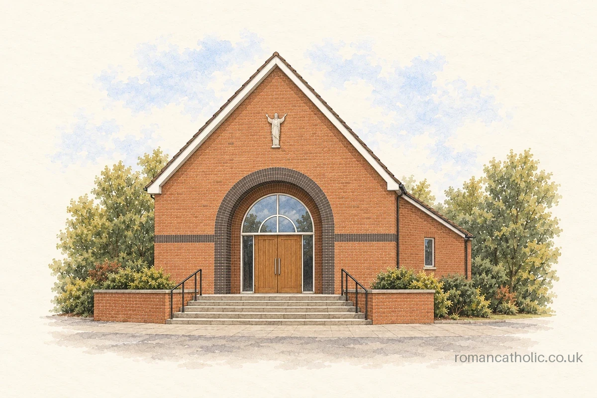 St Bernadette Brownhills, with a broad brick gable and large arched entrance.