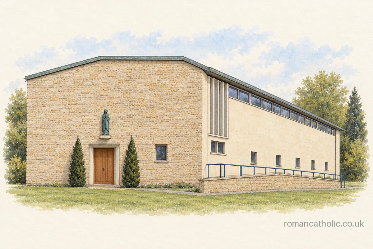 Low modern stone church with a broad plain end wall and a continuous band of high side windows.