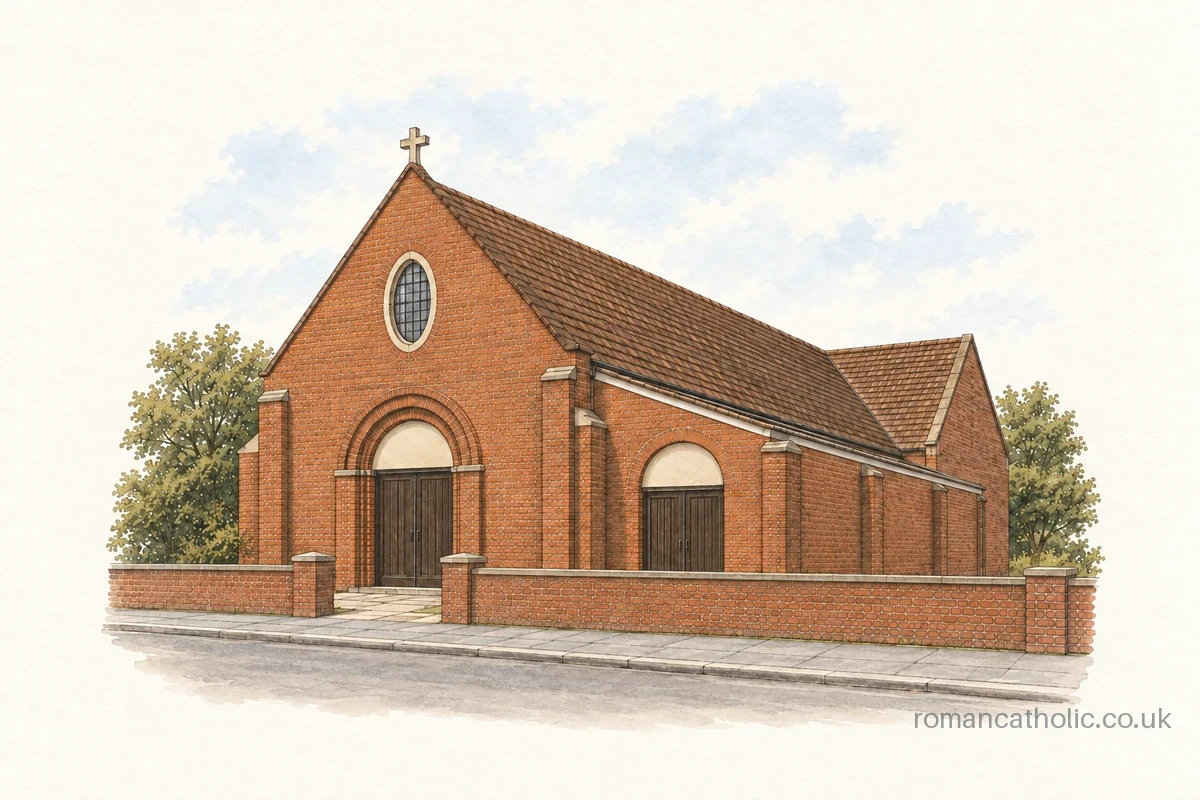 Red brick gable and side aisle of St Bernadette in Westbury.