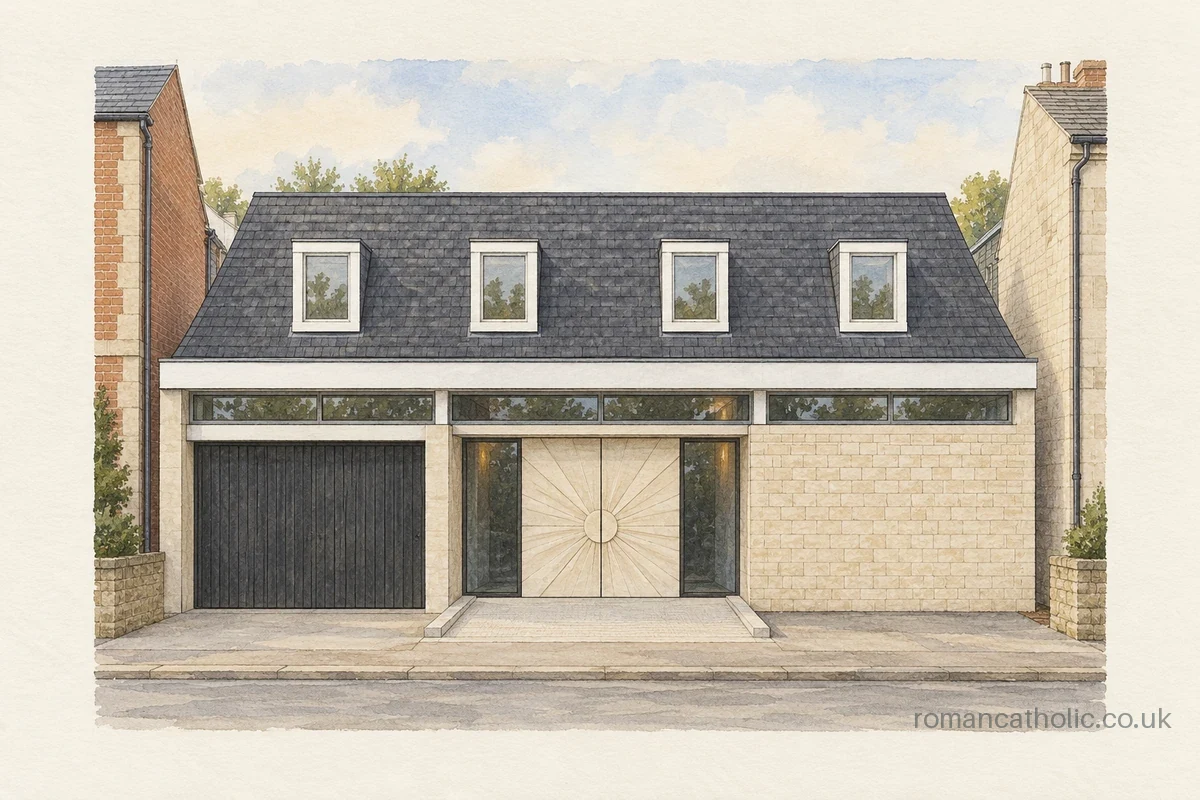 Watercolour and ink illustration of St Bernardine in Buckingham, with four dormer windows above its quiet inset entrance.