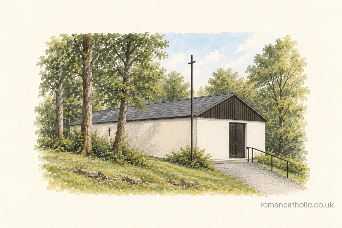 Illustration of St Bride, Pitlochry, a modest pale chapel with a dark gable among trees.