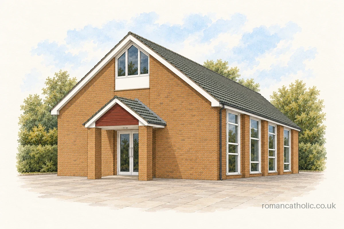 St Brigid, West End, with its projecting brick porch and tall side windows.