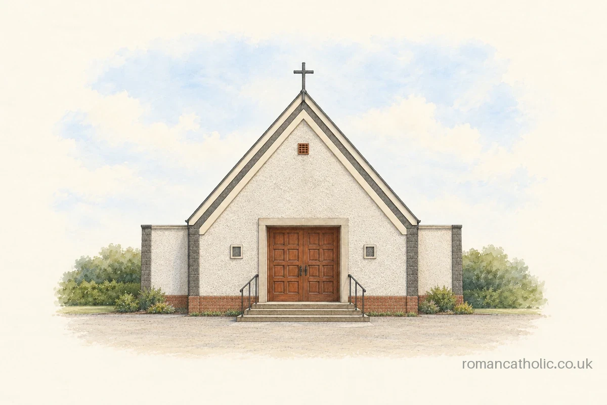 Illustration of St Catherine of Alexandria in Edinburgh, with a steep grey gable, dark roof cross and broad red-brown panelled doors.