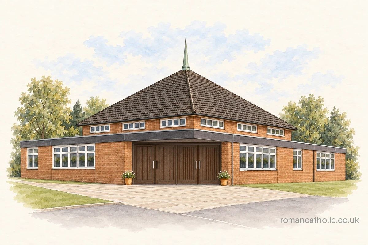 Illustration of St Catherine of Siena, Chessington, with a broad pyramidal roof and corner entrance.