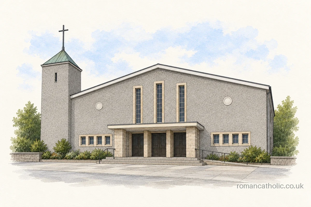 Illustration of Saint Clement in Dundee, with a grey facade, tall narrow windows and a green-capped tower.