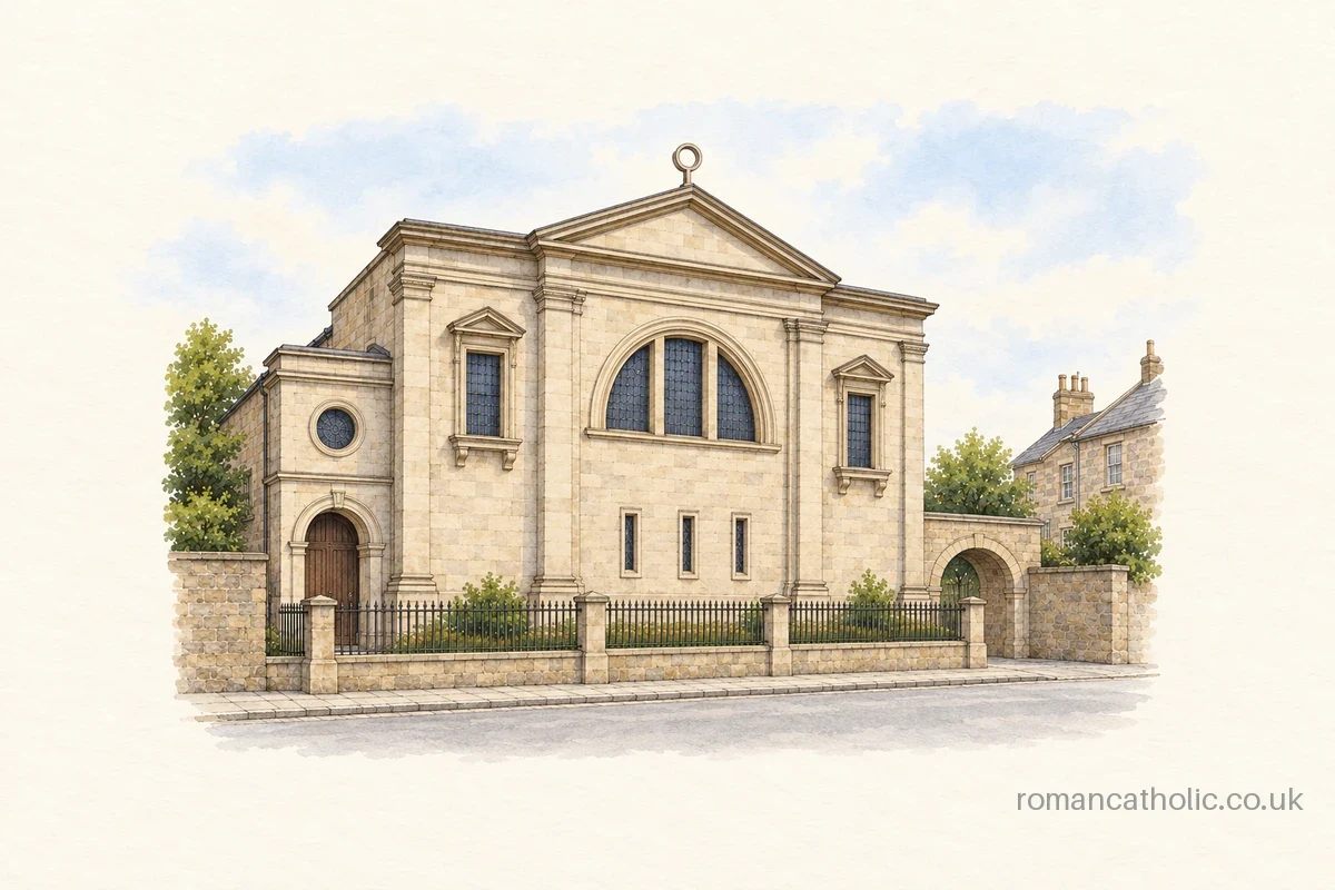 Illustration of St Columbas in Newington, showing its cream stone Renaissance frontage, broad arched window, triangular pediment and ring cross.