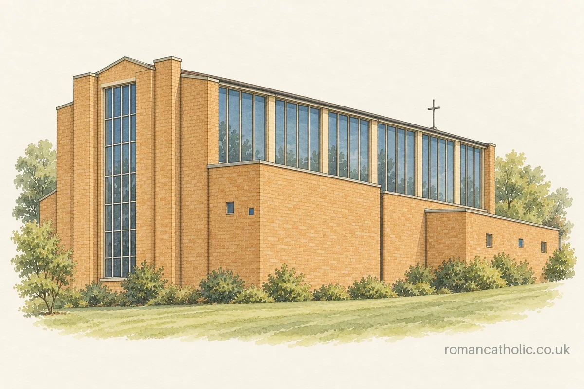 Illustration of St David in Plains, with buff brick walls and a continuous glazed clerestory.