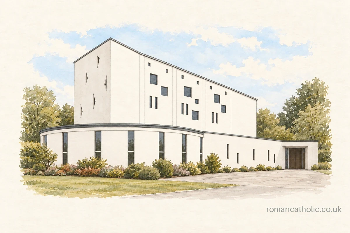 Illustration of St David, Maesglas, with white sculptural walls, irregular windows and a faceted glazed lower wing.