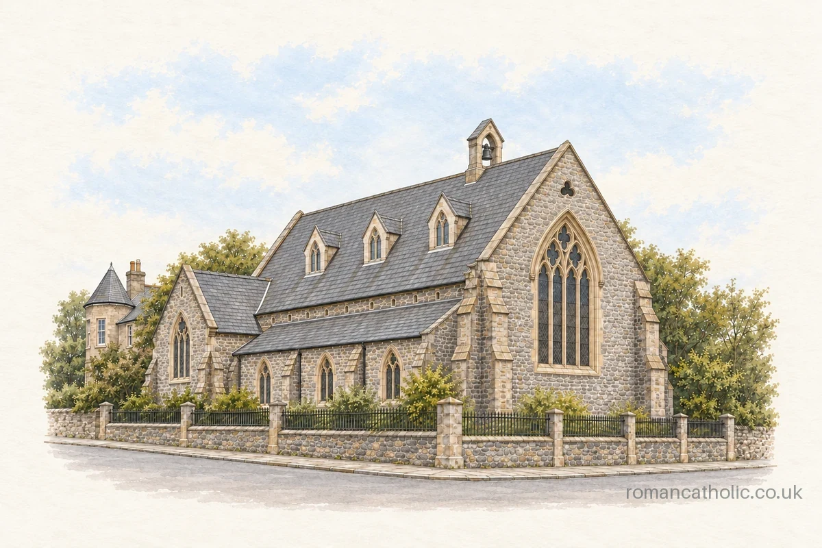 Illustration of St Davids Priory, Swansea, with a large Gothic gable window, slate dormers and stone bellcote.