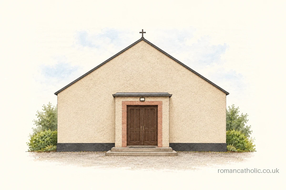 Illustration of St Dominic, Greengairs, with a plain cross-topped gable and small central porch.