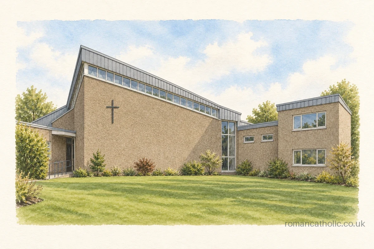 Illustration of Saint Dominic in Craigend, with an angular metal-edged roof, high clerestory windows and a simple wall cross.