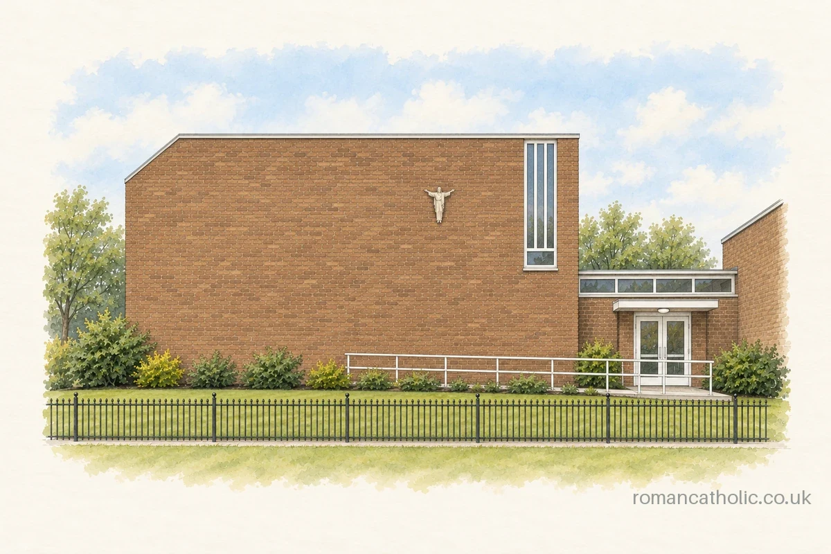 Plain brick St Edmund Campion church in Wellingborough, with a wall-mounted figure and tall entrance-side glazing.