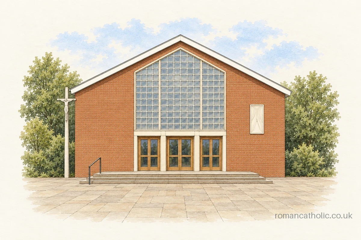 St Edmund of Canterbury, Loughton, with its broad gridded glass front.
