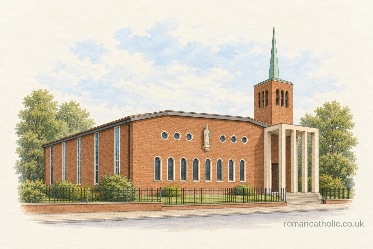 St Edward’s in Runcorn with round windows, pale portico and green needle spire.