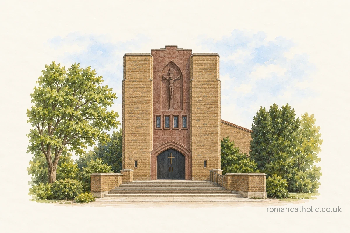 St Edward the Confessor in Macclesfield, with broad brick tower and carved crucifix panel.