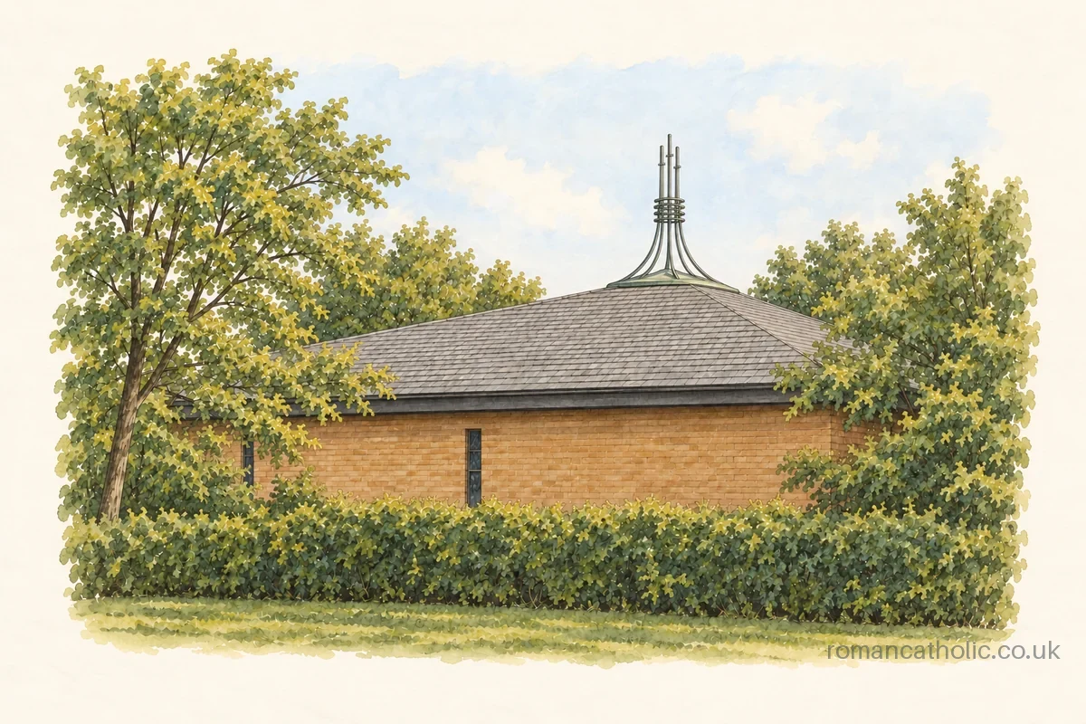St Edward the Confessor in Shenley Church End, with low brick walls and open metal roof feature.