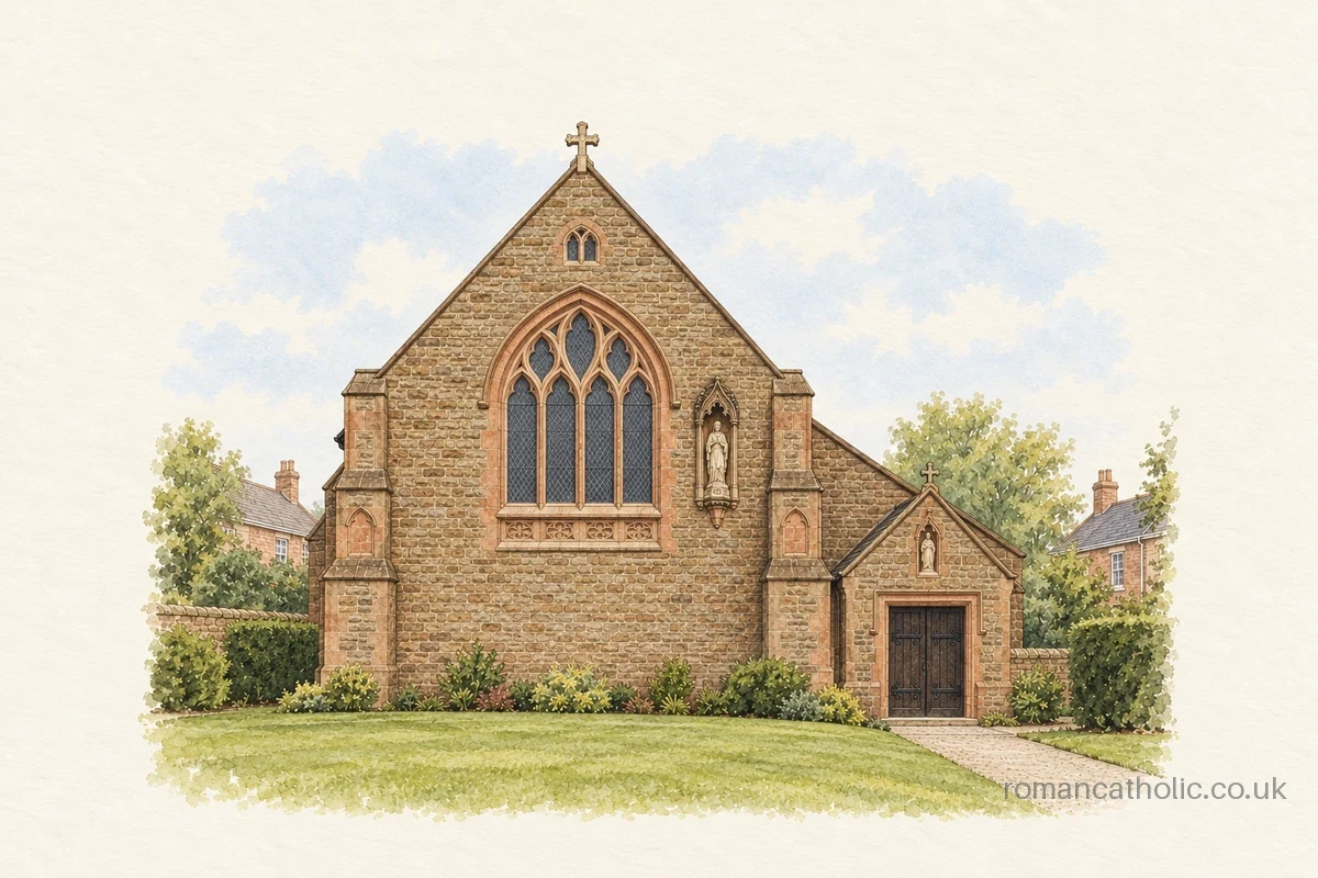 St Ethelbert Leominster, a sandstone church with a traceried front window and side entrance.