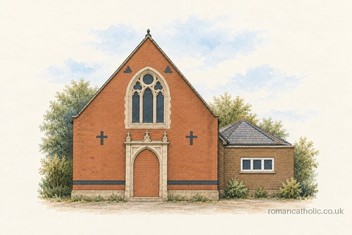 Watercolour and ink illustration of St Francis de Sales in Wolverton, with a steep brick gable, traceried window and blocked Gothic doorway.