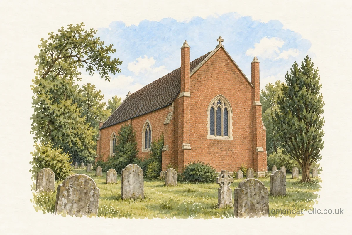 St Francis de Sales in Yoxall, a small brick Gothic church seen across its graveyard.