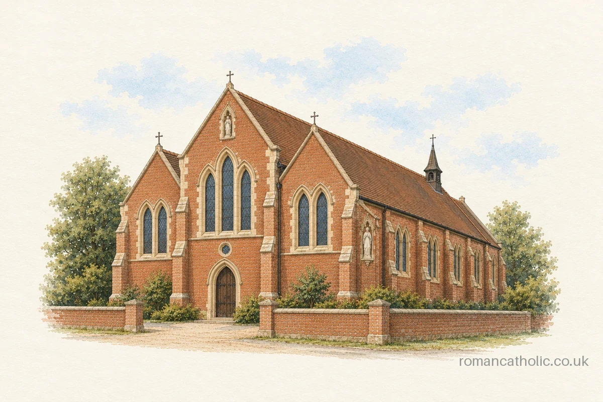 Red-brick St Francis of Assisi church in South Ascot with three Gothic front gables.