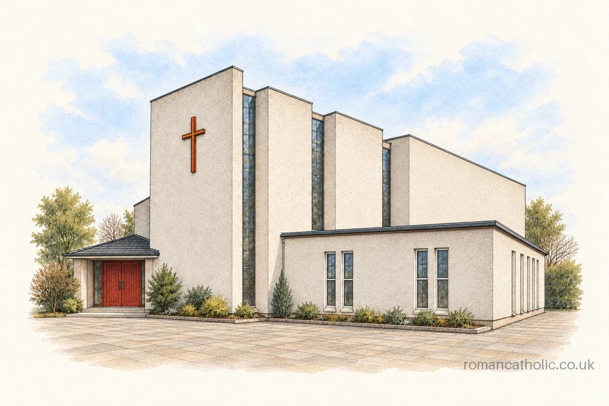 Illustration of Saint Francis of Assisi in Baillieston, with folded pale walls, tall slit windows and a coloured wall cross.