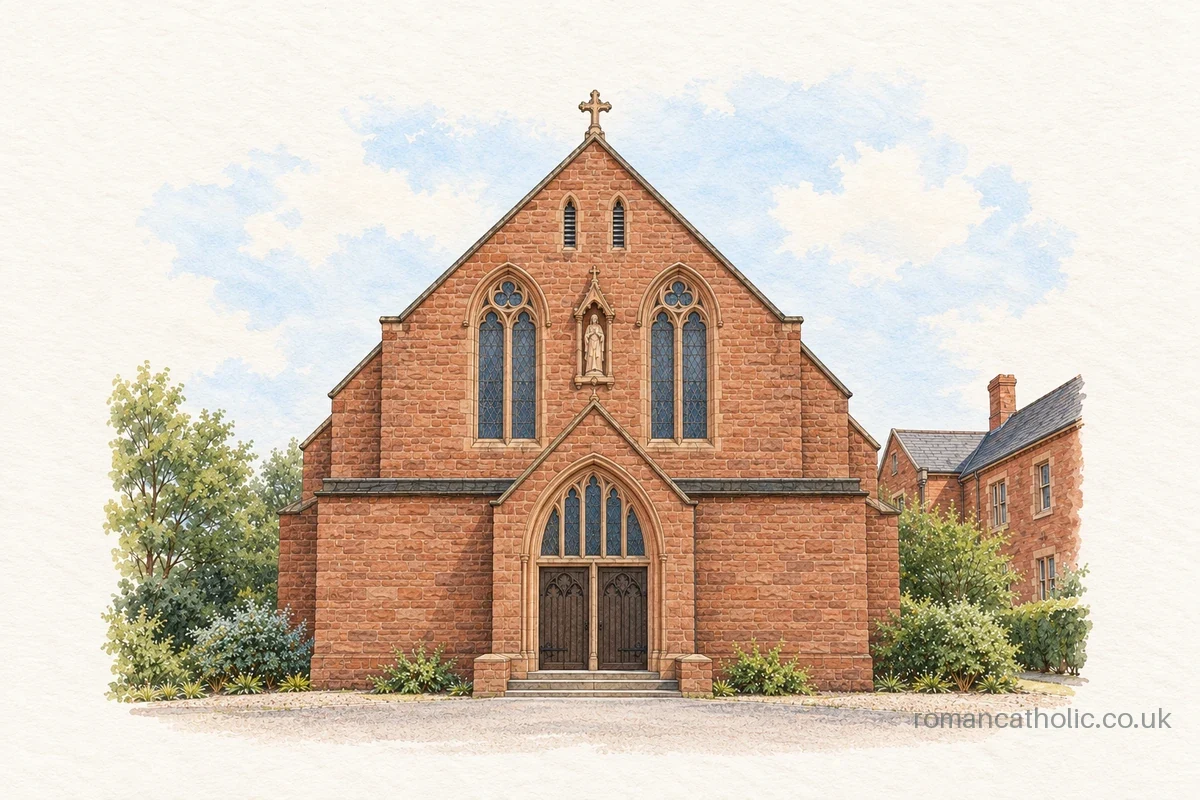St Francis of Assisi in Chester, with red sandstone Gothic front and pointed entrance.