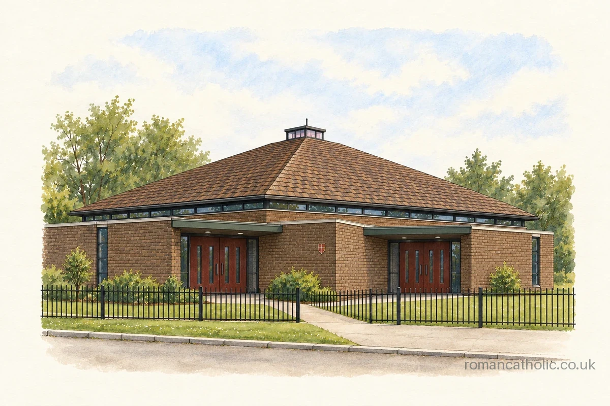 Modern brown brick church with a pyramidal tiled roof, small lantern and low entrance ranges.