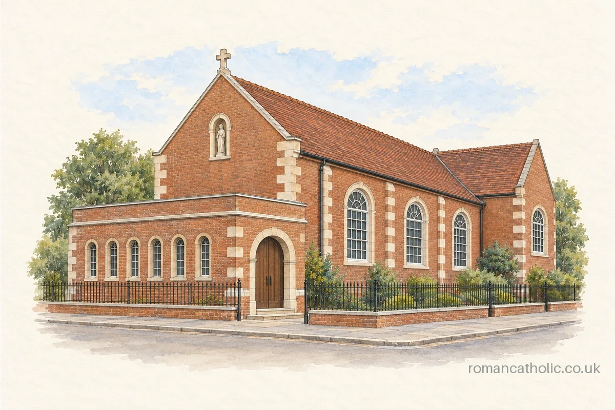 Illustration of St George, Warminster, with stone-banded brick walls and a low arched entrance range.