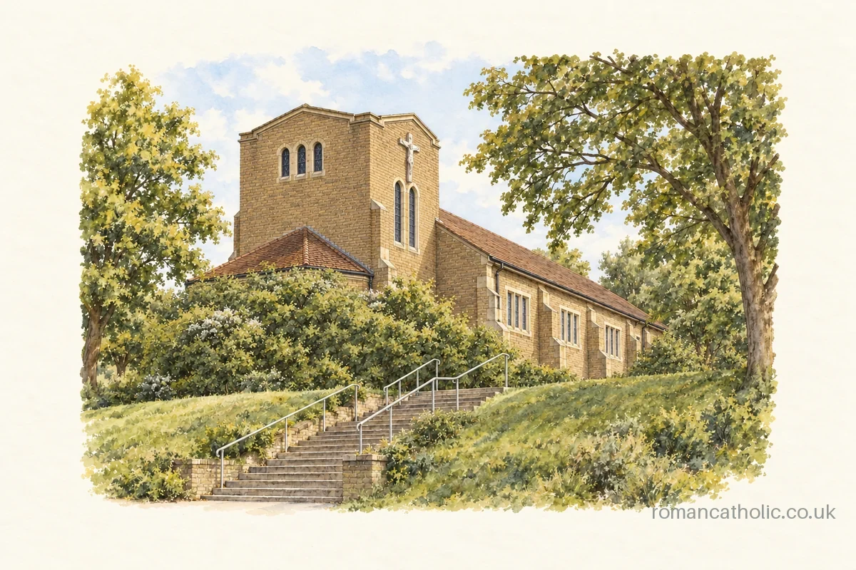 St Gregory’s in Bollington with squat sanctuary tower above a green stepped approach.