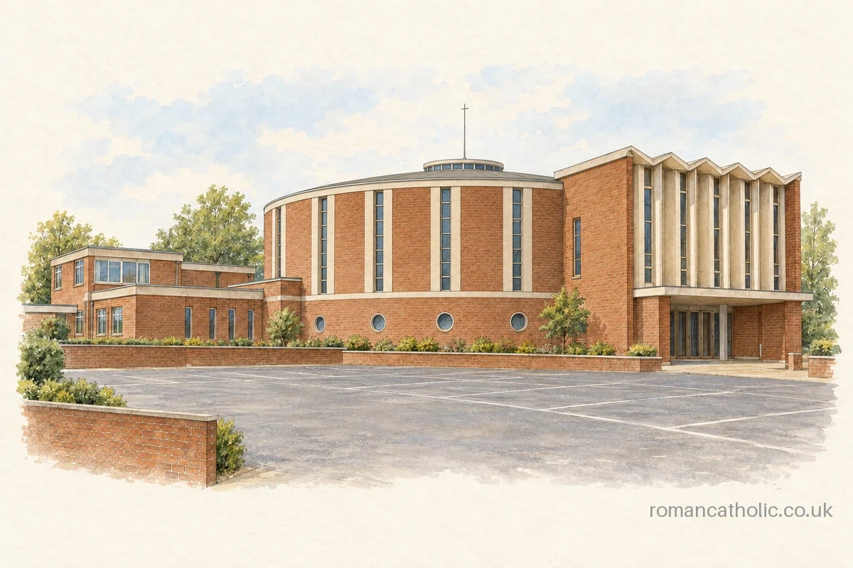 St Gregory in Longton, a modern brick church with curved sanctuary volume and ribbed entrance.