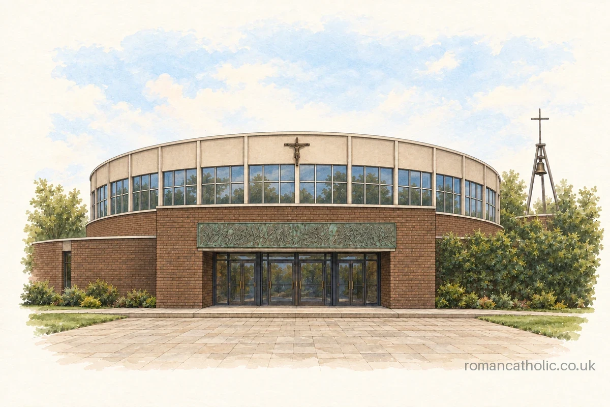 Illustration of St Gregory the Great, South Ruislip, with its curved concrete crown and glazed clerestory.