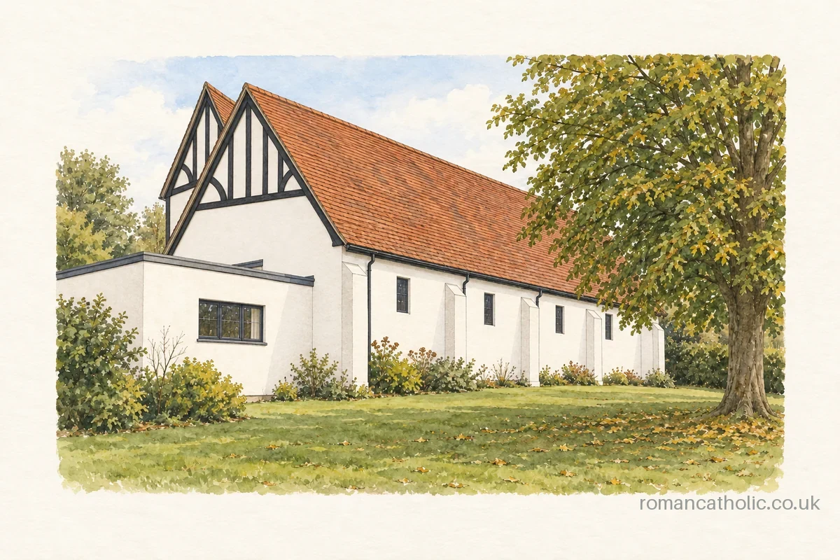 St Gregory in Thorpe Bay, a white church with red-tiled roof and timbered gables.