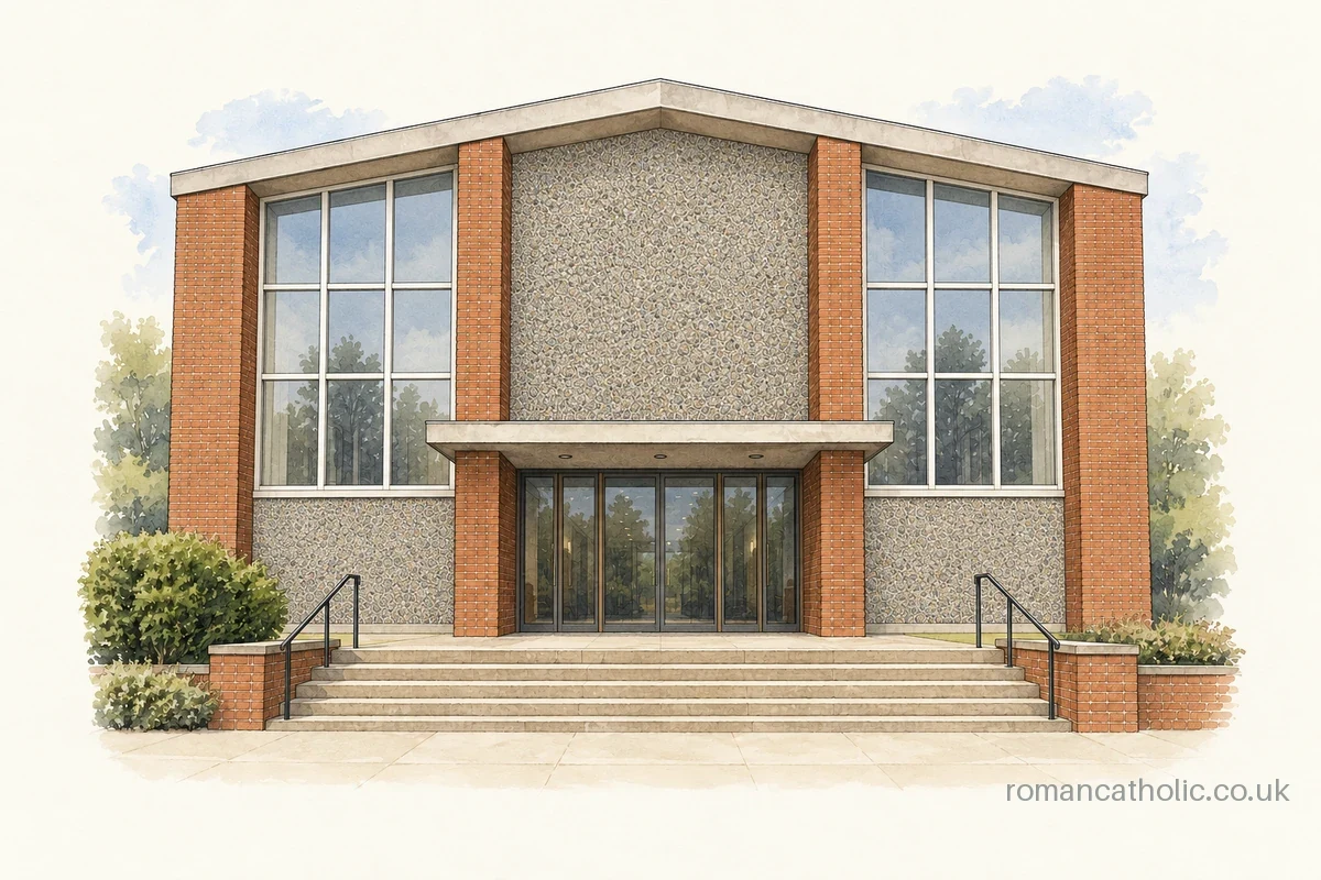 The modern glazed and pebble-faced entrance of St Hilda in Stevenage.