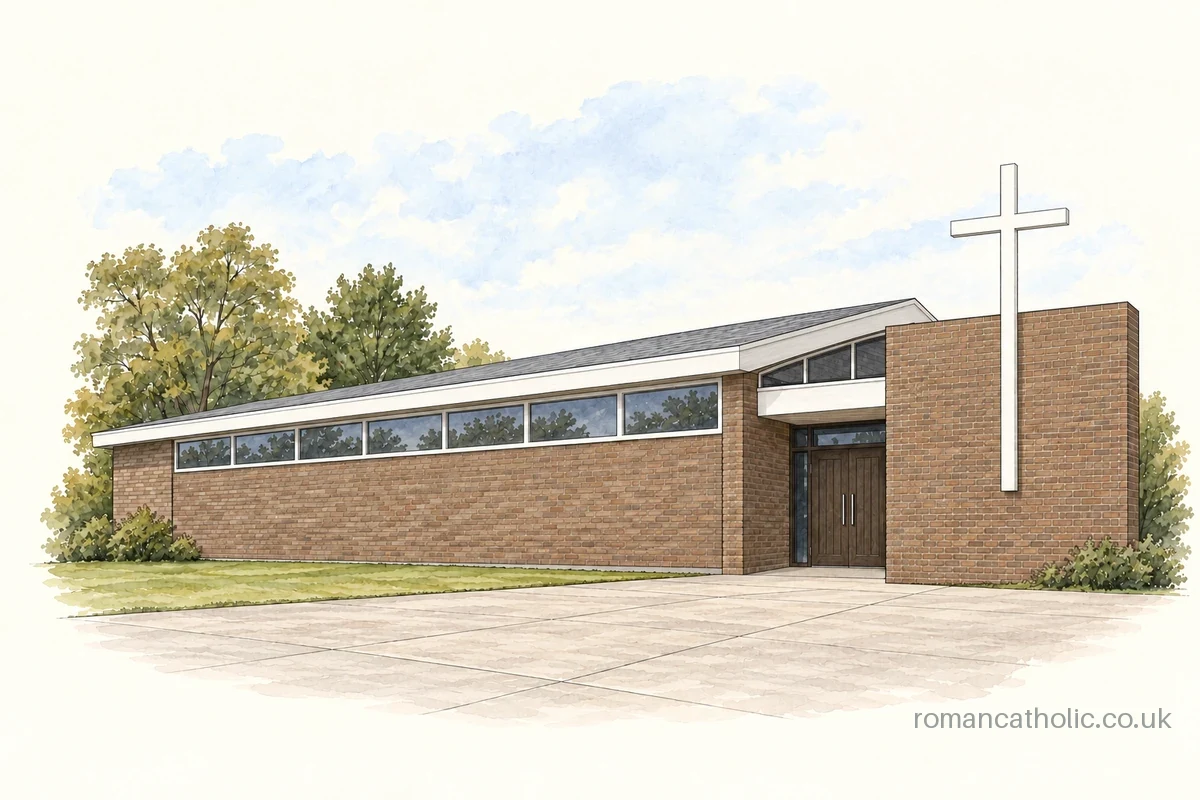 St Ignatius Loyola in Caister-on-Sea, with a low glazed roofline and large white cross.