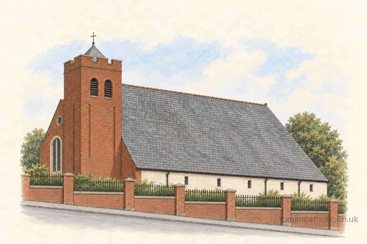 Illustration of St Illtyd, St Thomas, with a red-brick tower beside a broad steep slate roof.