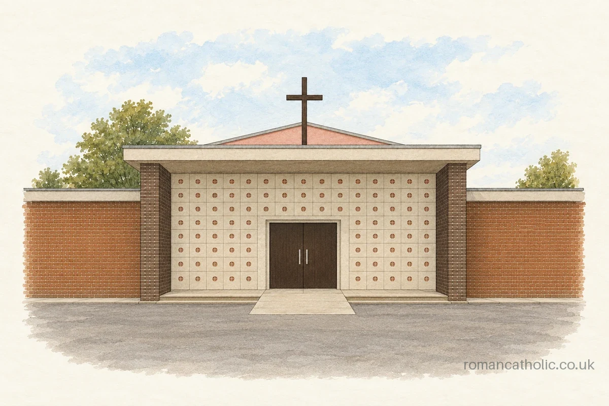 St James in Ipswich, with a pale patterned entrance porch below a simple cross.