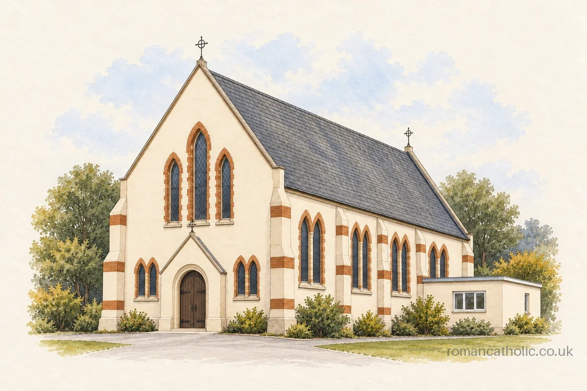 Illustration of St John Bosco, New Stevenston, with cream walls, brick-framed lancets and a steep slate roof.