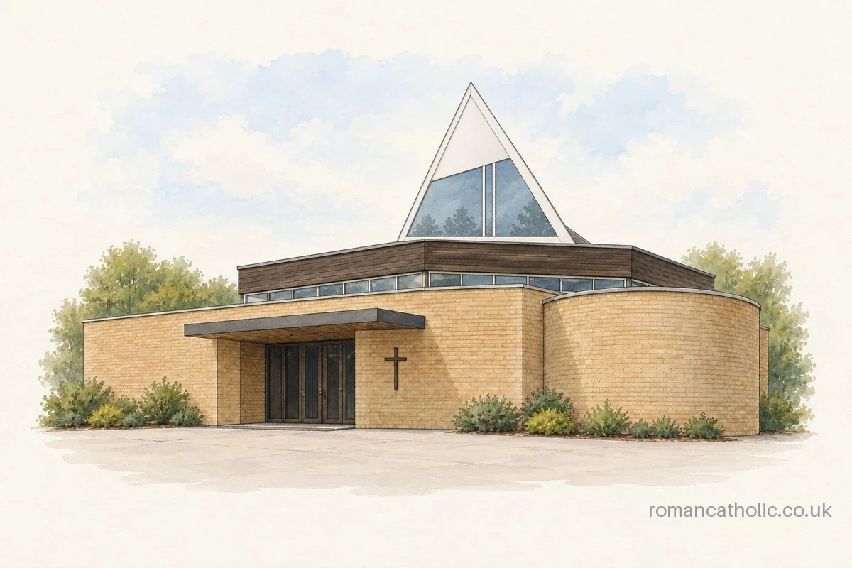 Watercolour and ink illustration of St John Bosco in Woodley, with low buff-brick walls and a tall triangular glazed roof lantern.