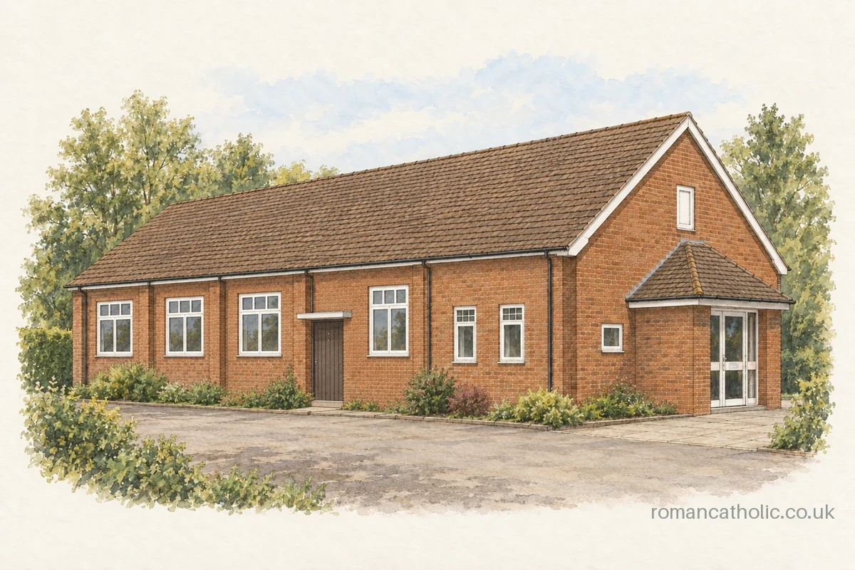 St John Fisher and St Thomas More Feckenham, a plain brick church-hall with a tiled roof.