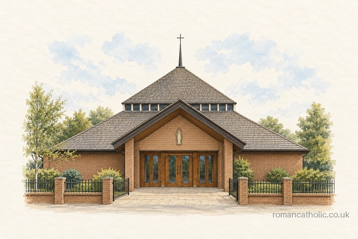 Illustration of St John Fisher, Bexley, with a tiered pyramidal roof and projecting entrance porch.