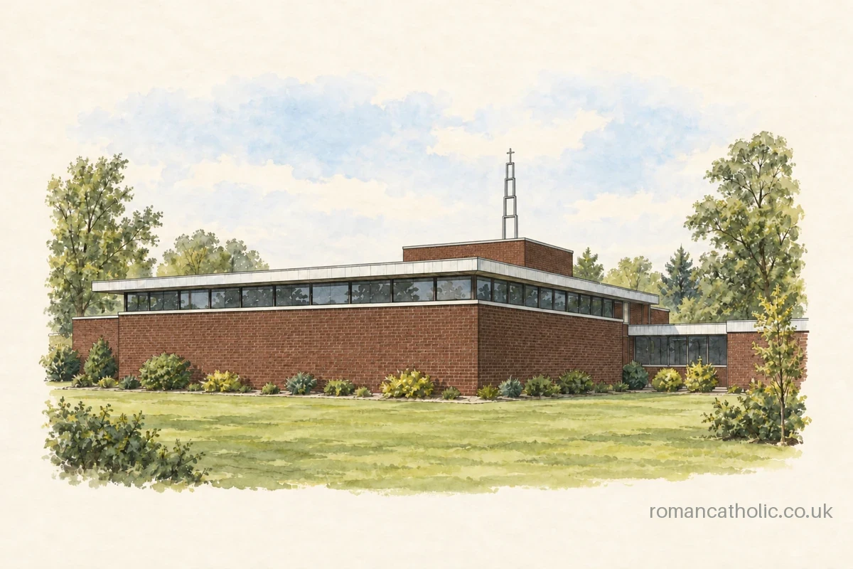 St John Fisher Coventry, a low brick church with a continuous clerestory and slender open metal spire.