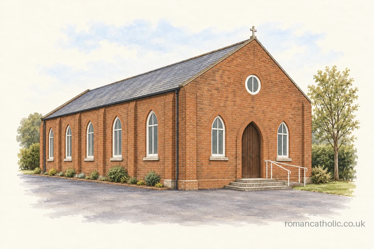 St John Fisher in Widnes with simple brick gable and pointed white-framed windows.