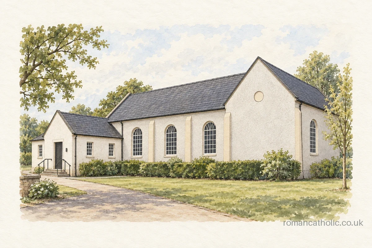 Illustration of Saint John and Saint Columba in Rosyth, with pale walls, slate roofs and tall arched side windows.